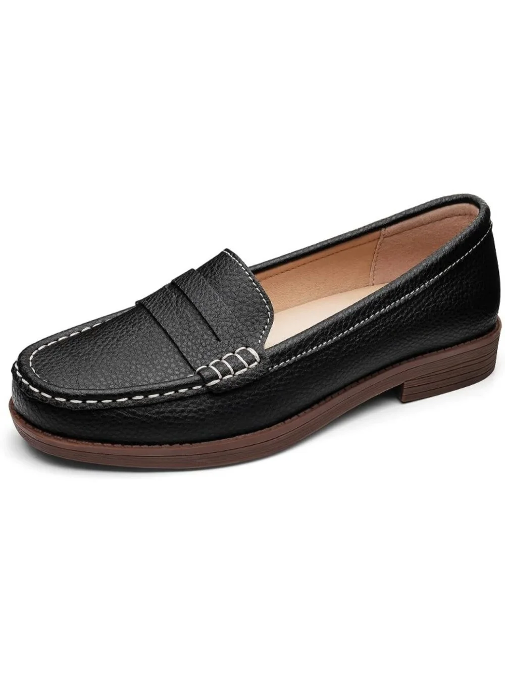 Women's Black Leather Comfortable Penny Loafers Slip On Casual Walking Shoes